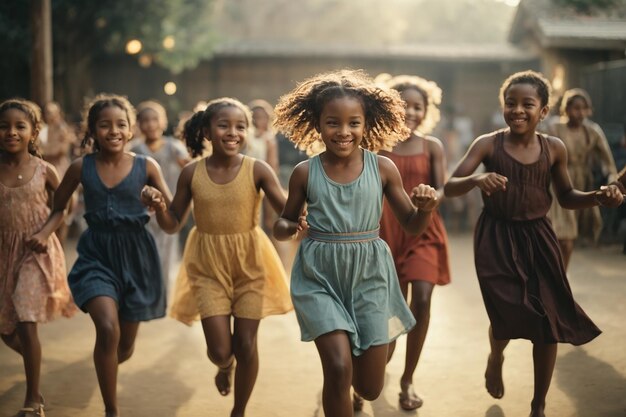 Armonía en la diversidad cereza Niños de diferentes razas bailando juntos chica alegre chico vida feliz