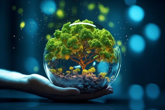 Armonía ecotecnológica Hand dirige el crecimiento de los árboles en un globo digital que combina innovación y naturaleza