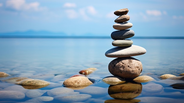 La armonía en equilibrio: un concepto de equilibrio y equilibrio con piedras contra el mar como metáfora: