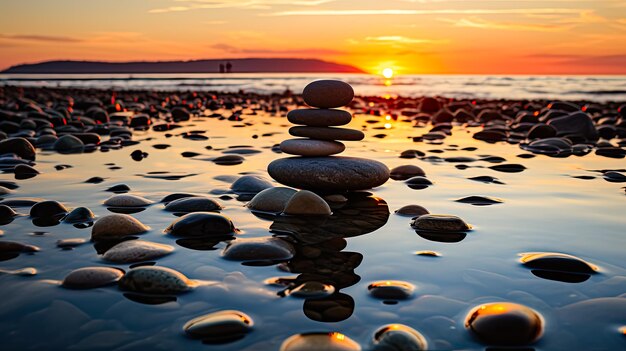 armonía y equilibrio con las rocas zen dispuestas en forma de escamas contra el telón de fondo del mar