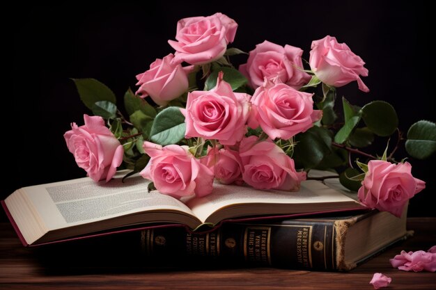 Armonía estética Flores de rosas rosas entrelazadas con un libro cautivador AR 32