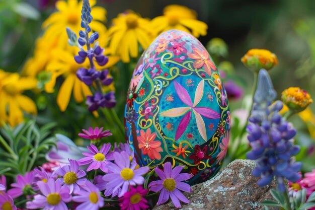 La armonía en flor Un huevo de Pascua festivo con un signo de paz entre un campo de flores de primavera