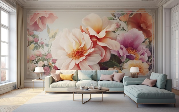 Armonía floral Interior de la sala de estar moderna con un hermoso mural
