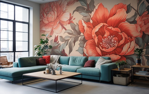 Armonía floral Interior de la sala de estar moderna con un hermoso mural