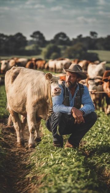 Foto la armonía en la granja un granjero y sus compañeros animales