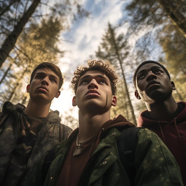 Foto armonía en medio de la diversidad tres estudiantes de último año de secundaria unidos en el abrazo de la naturaleza