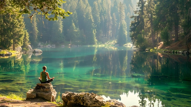 Foto la armonía en movimiento un yogi en busca de paz interior junto a un lago tranquilo