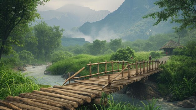 Foto la armonía en la naturaleza un puente de madera rústico que cruza un río suave en un pueblo de montaña un d realista