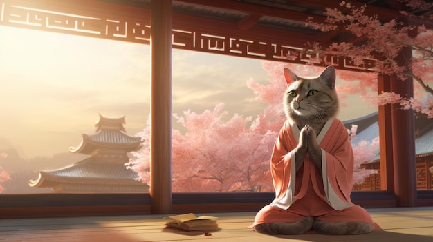 Armonía en pastel Un viaje animado con un gato meditando en ropas tradicionales asiáticas en una escena