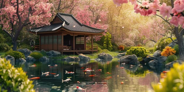 La armonía primaveral en una tradicional casa de té japonesa resplandece