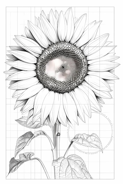 Armonía de la Proporción Dorada Contorno de girasol blanco y negro limpio en plano completo