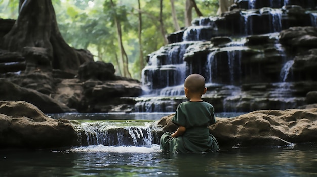 Una armonía refrescante Un monje pequeño y un niño bañándose en una cascada