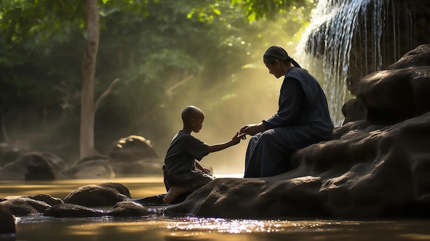 Una armonía refrescante Un monje pequeño y un niño bañándose en una cascada