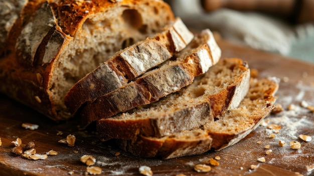 La armonía rústica de un pan de levadura con corteza dorada adornado en una exquisita tabla de cortar de madera