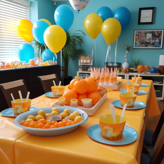 Armonía de tonos amarillo naranja y azul Habitación con mesa de comedor