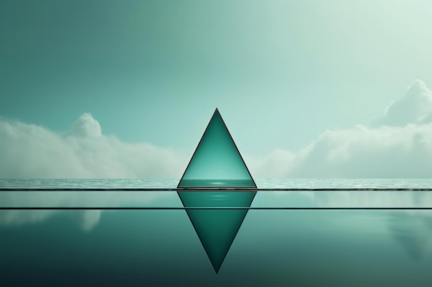 La armonía en el vidrio y el hielo triángulo futurista navegando en el mar azulado en el fondo del cielo nublado
