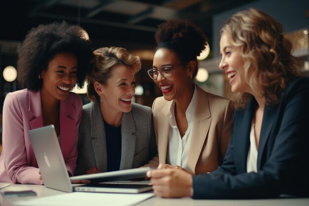 Un armonioso equipo corporativo multirracial de mujeres amigables colabora con la IA generativa