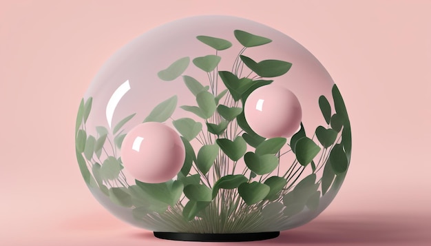 Armonización de esferas Globo y concepto de planta sobre fondo rosa pastel Puente de ideas minimalistas