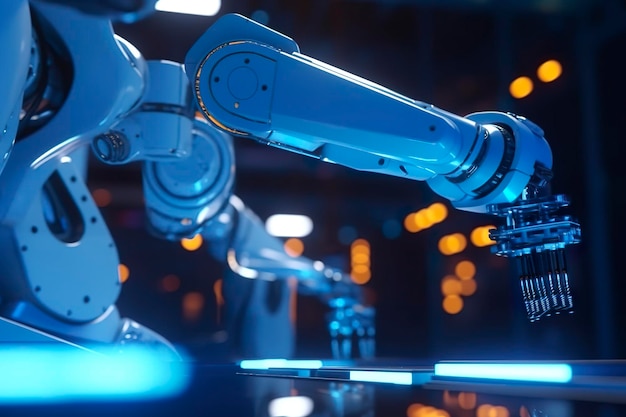 Armroboter arbeitet mit Bildschirmmonitor-Steuerung Industriemaschine Roboterarmlinie Generative KI