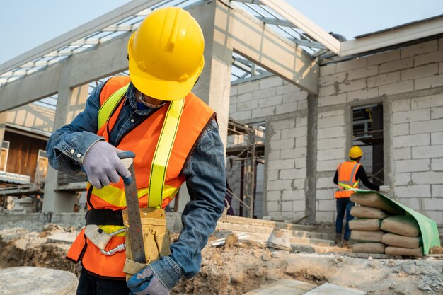 Arnês de segurança do engenheiro civil e linha de segurança em pé no canteiro de obras, engenheiro trabalhando no estaleiro de obras.