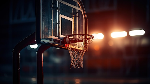Un aro de baloncesto está unido a una tabla de vidrio con luces de estadio