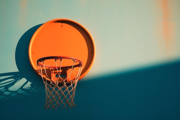 Un aro de baloncesto con un fondo azul y la palabra baloncesto.