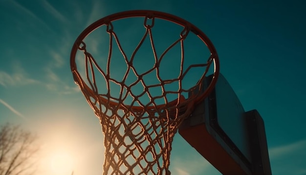 El aro de baloncesto iluminado por el sol anota el éxito de slam dunk generado por IA