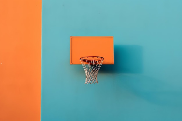 Un aro de baloncesto en una pared azul y naranja.