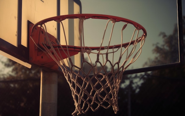 Un aro de baloncesto con la pelota dentro