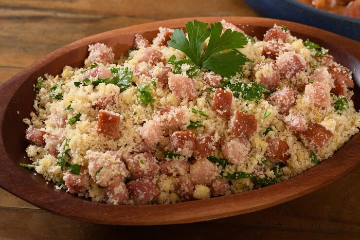 Foto arofa com linguiça, bacon e repolho, comida típica brasileira, fundo de madeira