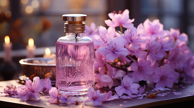 Aroma fresco de flor roxa em garrafa de vidro
