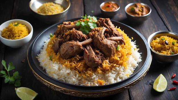 Aroma tentador de Biryani de carne de carneiro enquanto flutua do prato dourado e se contrapõe ao elegante rústico