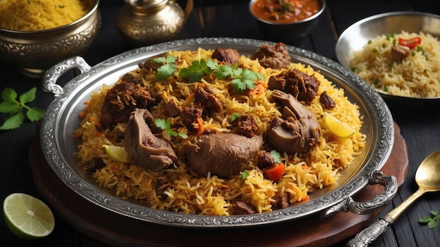 Aroma tentador de Biryani de carne de carneiro enquanto flutua do prato dourado e se contrapõe ao elegante rústico