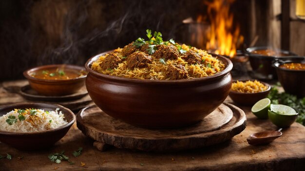 aroma tentador de Hyderabad Biryani flutuando da placa de vapor colocado seductoramente em um rusti