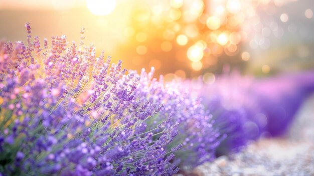 Aromaterapia flores de lavanda pôr-do-sol sobre um campo de lavanda roxo de verão um feixe de flores perfumadas