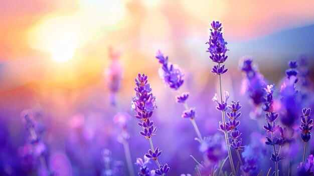 Aromaterapia flores de lavanda puesta de sol sobre un campo de lavanda púrpura de verano un ramo de flores perfumadas