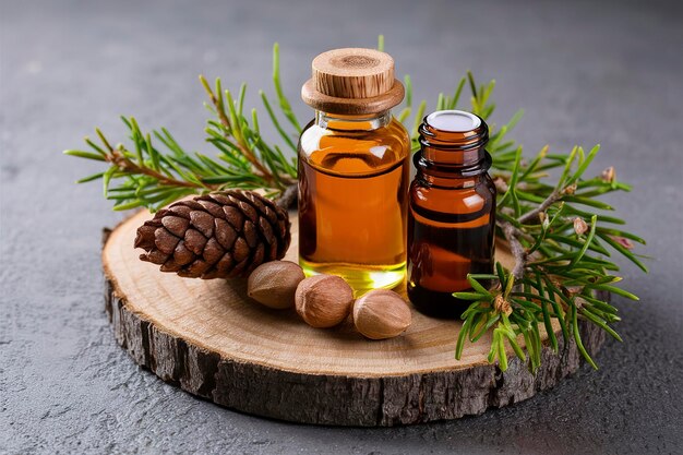 Aromaterapia y productos de spa de coníferas pequeñas botellas de vidrio de aceite esencial de cedro en un tronco de madera redondo