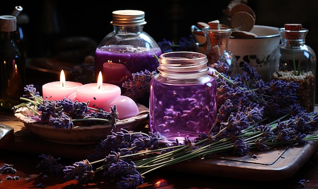 Aromatherapie Lavendel-Büchel angezündete Kerzen auf dem Tisch