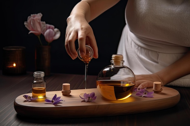 Aromatherapie-Massage mit einem Therapeuten, der Öle auf die Haut aufträgt und sanften Druck ausübt