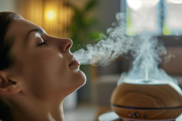 Foto aromatherapie-sitzung mit diffusionsnebel und tiefem einatmen des klienten