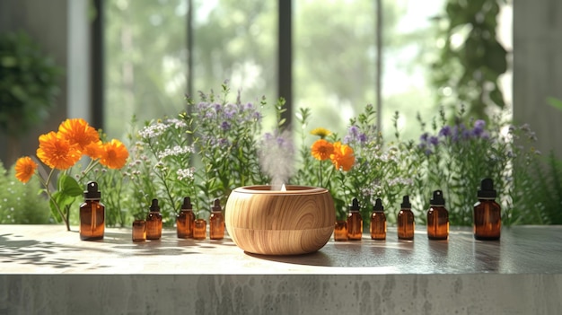 Aromatherapieöle und Blumen auf der Fensterwand