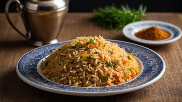 Foto aromático arroz pilaf castanho-dourado adornado com anis estrela em um prato