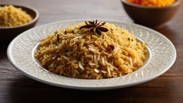 Aromático arroz pilaf castanho-dourado adornado com anis estrela em um prato