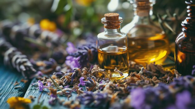 Aromatische ätherische Öle mit getrocknetem Lavendel auf Holzoberfläche