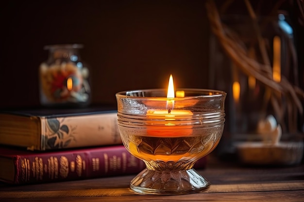 Aromatische Kerze brennt in einem Vintage-Glasgefäß auf einem Holztisch