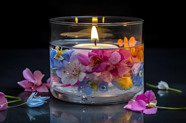 Aromatische Kerze im Glasgefäß mit Wasser und schwimmenden Blumen