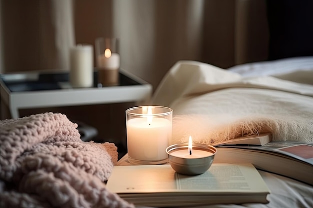 Aromatische Kerzen in einem Glas, umgeben von einer kuscheligen Decke und Büchern auf dem Bett