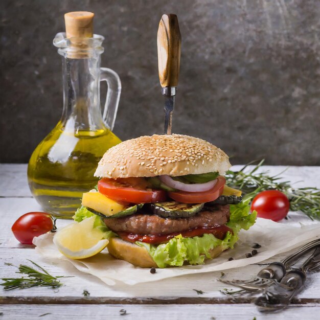 Aromatische Kotletten und frisches Grün auf dem Brötchen