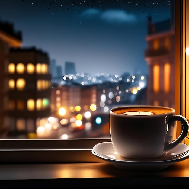 Aromatischer Becher mit Kaffee steht abends auf dem Fensterbrett am Fenster.