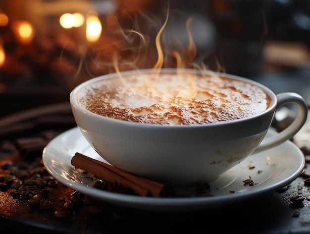 Aromatischer Genuss Nahaufnahme des Randes einer dampfenden Kaffeetasse